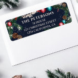 Christmas lights pine branches snow blue festive<br><div class="desc">This elegant return address label features a festive pine garland design adorned with red and teal ornaments, pinecones, and twinkling lights, set against a rich navy blue background. Perfect for adding a touch of holiday cheer to your Christmas cards, invitations, or packages. Personalize with your family name and address for...</div>