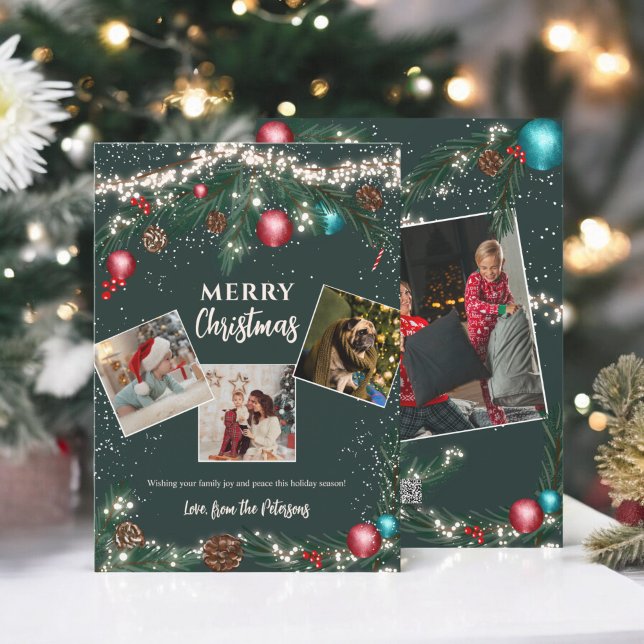 Christmas lights pine branches snow green 4 photos holiday card (Christmas lights pine branches snow green 4 photos holiday card)
