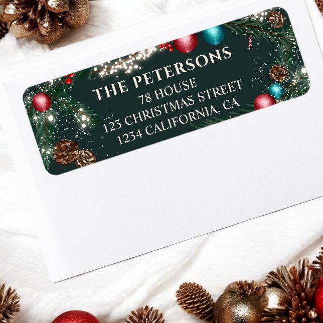 Christmas lights pine branches snow green festive (Christmas lights pine branches snow green festive label)