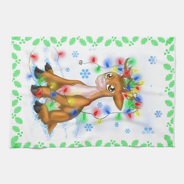Christmas Lights Reindeer Kitchen Towel (Horizontal)