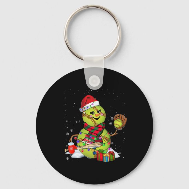 Christmas Lights Santa Snowman Playing Softll  Keychain (Front)
