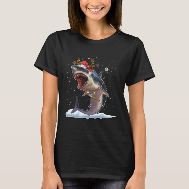 Christmas Lights Shark   Santa Hat Xmas Family T-Shirt (Front)