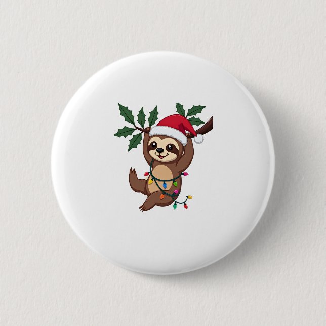 Christmas Lights Sloth Wearing Xmas Hat - Sloth Lo 2 Inch Round Button (Front)