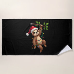 Christmas Lights Sloth Wearing Xmas Hat - Sloth Lo Beach Towel