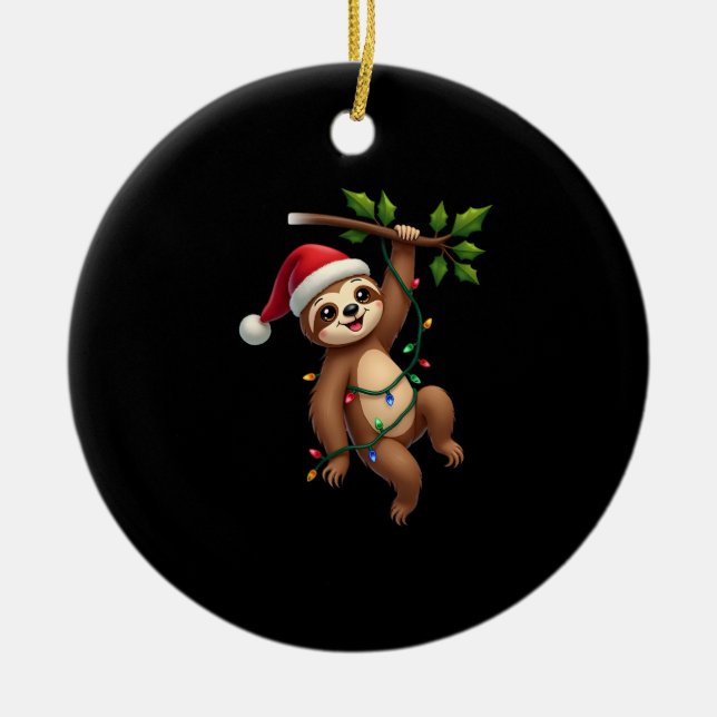 Christmas Lights Sloth Wearing Xmas Hat - Sloth Lo Ceramic Ornament (Front)