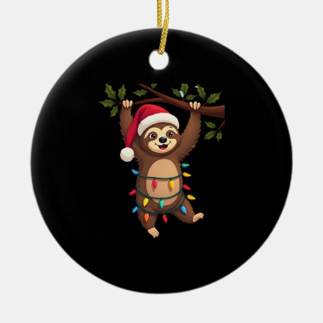Christmas Lights Sloth Wearing Xmas Hat - Sloth Lo Ceramic Ornament (Front)