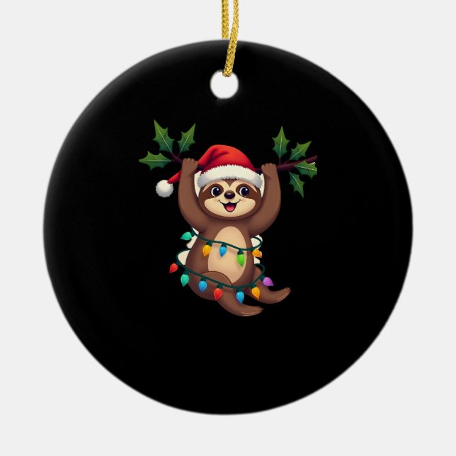 Christmas Lights Sloth Wearing Xmas Hat - Sloth Lo Ceramic Ornament (Front)