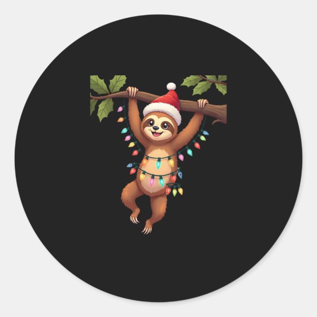 Christmas Lights Sloth Wearing Xmas Hat - Sloth Lo Classic Round Sticker (Front)