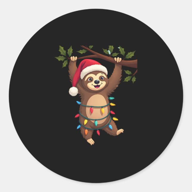 Christmas Lights Sloth Wearing Xmas Hat - Sloth Lo Classic Round Sticker (Front)