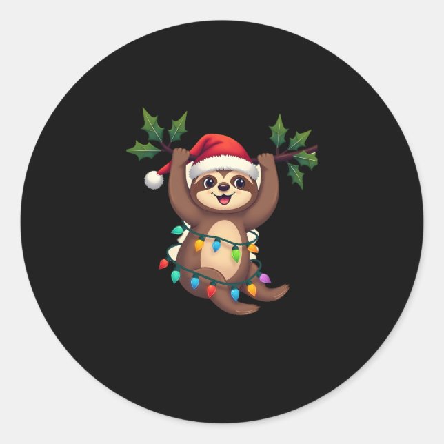 Christmas Lights Sloth Wearing Xmas Hat - Sloth Lo Classic Round Sticker (Front)