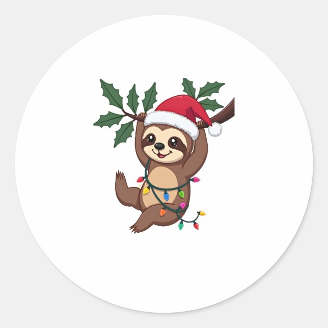 Christmas Lights Sloth Wearing Xmas Hat - Sloth Lo Classic Round Sticker (Front)