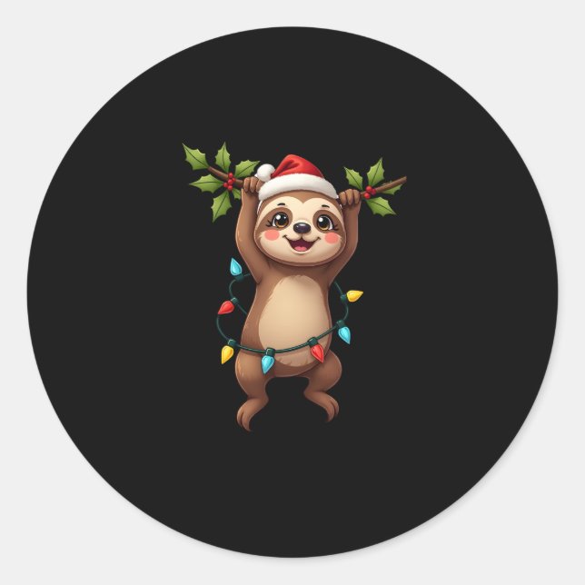 Christmas Lights Sloth Wearing Xmas Hat - Sloth Lo Classic Round Sticker (Front)