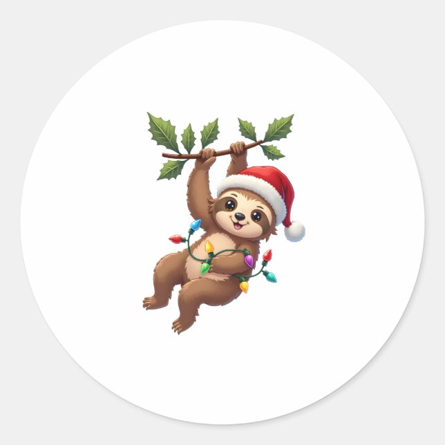 Christmas Lights Sloth Wearing Xmas Hat - Sloth Lo Classic Round Sticker (Front)