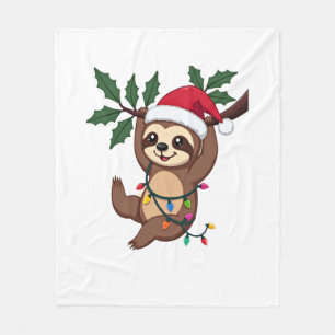 Christmas Lights Sloth Wearing Xmas Hat - Sloth Lo Fleece Blanket