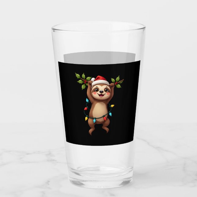 Christmas Lights Sloth Wearing Xmas Hat - Sloth Lo Glass (Front)