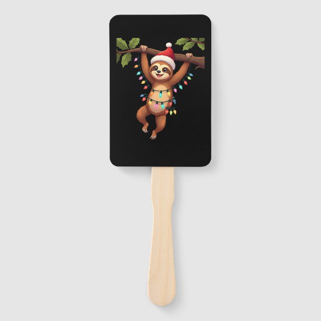 Christmas Lights Sloth Wearing Xmas Hat - Sloth Lo Hand Fan (Front)