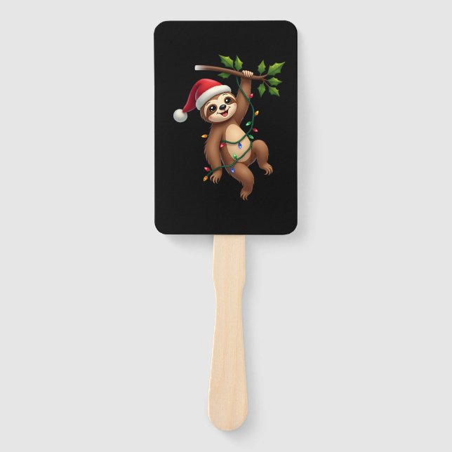 Christmas Lights Sloth Wearing Xmas Hat - Sloth Lo Hand Fan (Front)