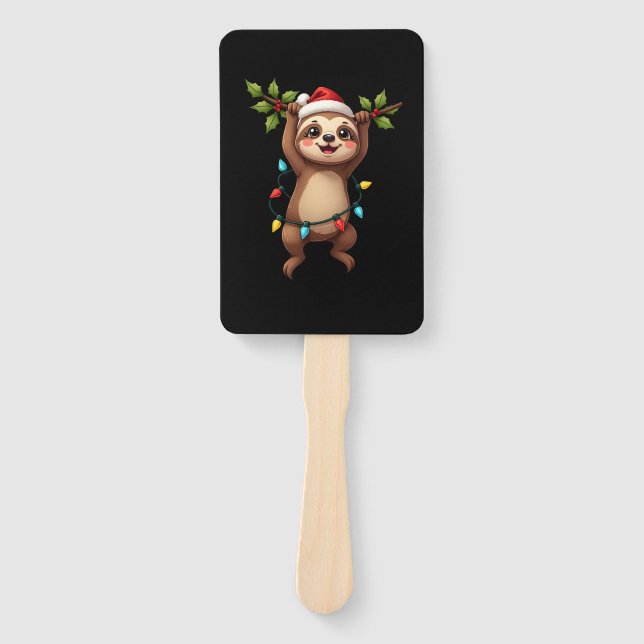 Christmas Lights Sloth Wearing Xmas Hat - Sloth Lo Hand Fan (Front)