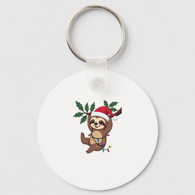 Christmas Lights Sloth Wearing Xmas Hat - Sloth Lo Keychain (Front)