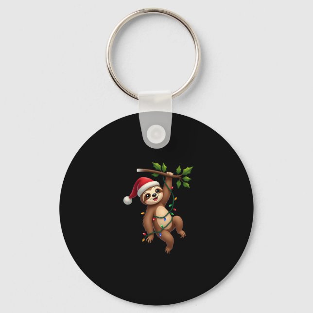 Christmas Lights Sloth Wearing Xmas Hat - Sloth Lo Keychain (Front)