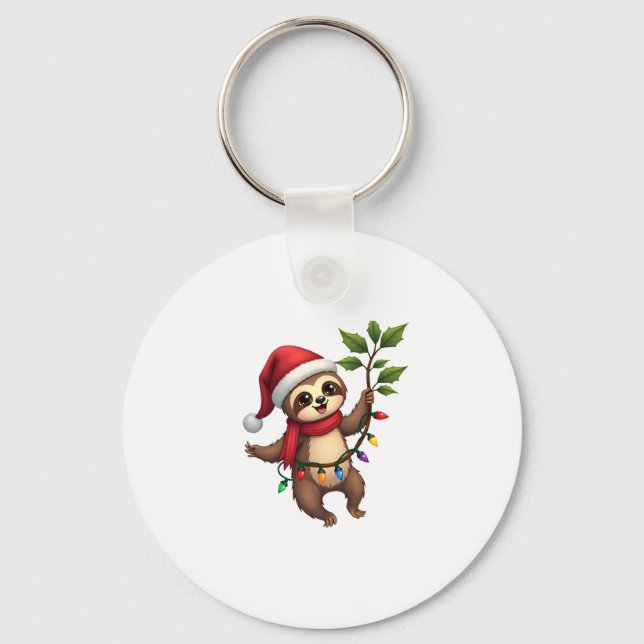 Christmas Lights Sloth Wearing Xmas Hat - Sloth Lo Keychain (Front)