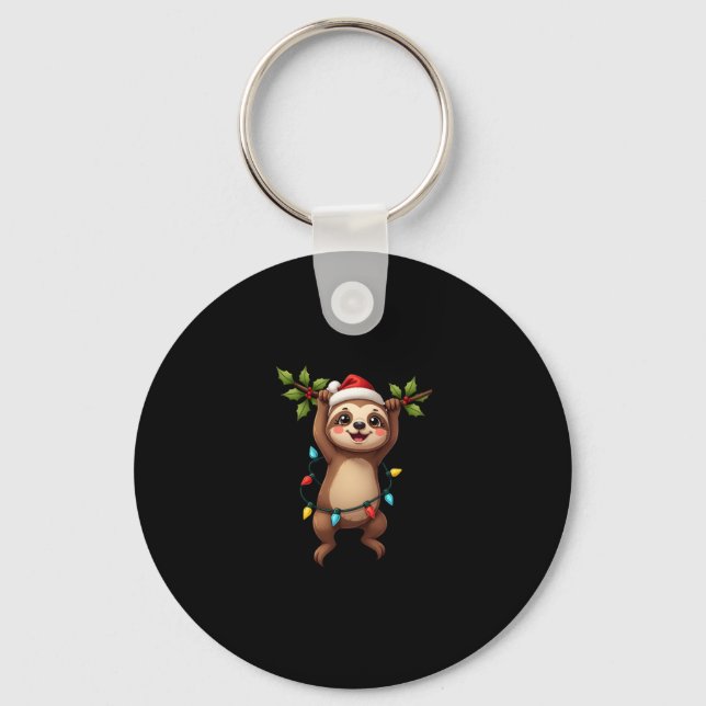 Christmas Lights Sloth Wearing Xmas Hat - Sloth Lo Keychain (Front)