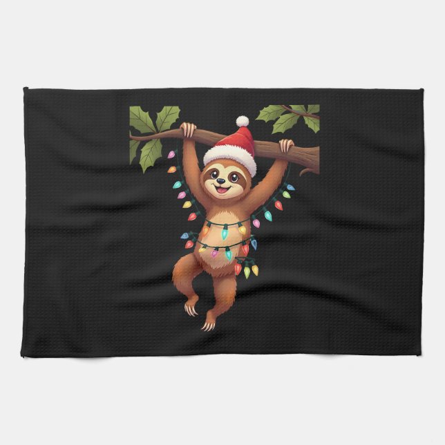 Christmas Lights Sloth Wearing Xmas Hat - Sloth Lo Kitchen Towel (Horizontal)