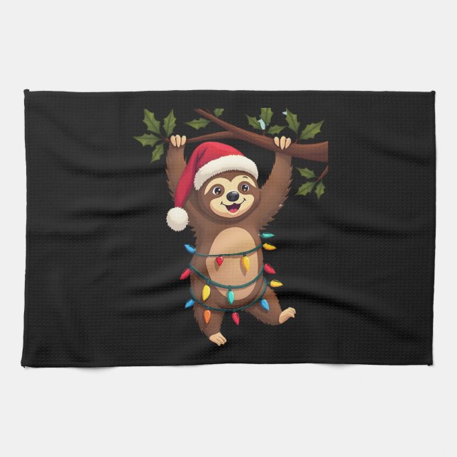 Christmas Lights Sloth Wearing Xmas Hat - Sloth Lo Kitchen Towel (Horizontal)