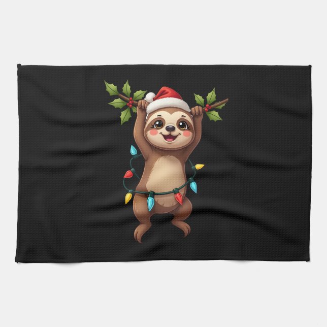 Christmas Lights Sloth Wearing Xmas Hat - Sloth Lo Kitchen Towel (Horizontal)