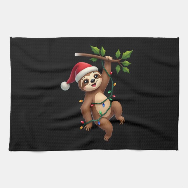 Christmas Lights Sloth Wearing Xmas Hat - Sloth Lo Kitchen Towel (Horizontal)