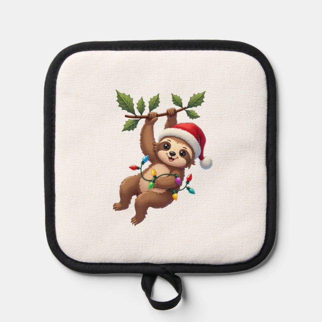 Christmas Lights Sloth Wearing Xmas Hat - Sloth Lo Pot Holder (Front)