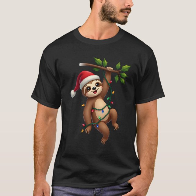 Christmas Lights Sloth Wearing Xmas Hat - Sloth Lo T-Shirt (Front)