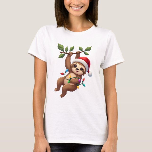 Christmas Lights Sloth Wearing Xmas Hat - Sloth Lo T-Shirt (Front)