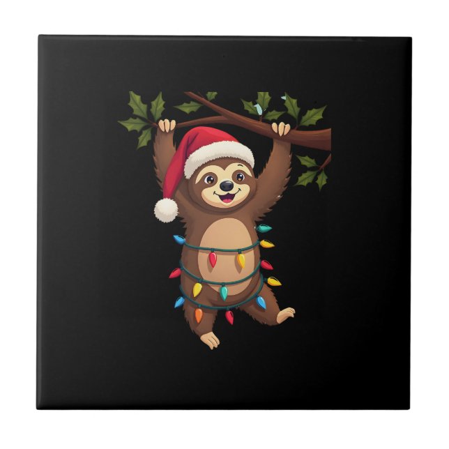 Christmas Lights Sloth Wearing Xmas Hat - Sloth Lo Tile (Front)