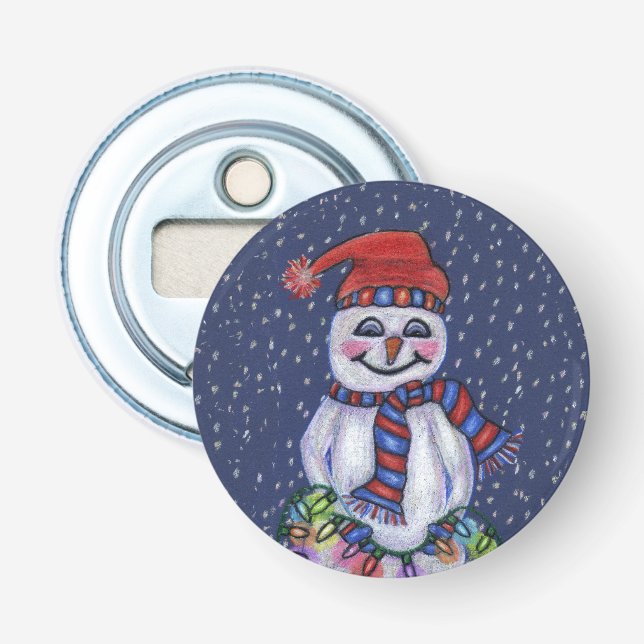 Christmas Lights Smiling Snowman Snowflakes Bottle Opener (Front)