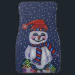 Christmas Lights Smiling Snowman Snowflakes Car Mat<br><div class="desc">Image is from my original colour pencil drawing. This happy, smiling snowman is dressed in a red tassel hat with matching red and blue scarf. He is holding a string of Christmas lights that are glowing. The background is a dark blue sky with falling snowflakes. See my store Art by...</div>