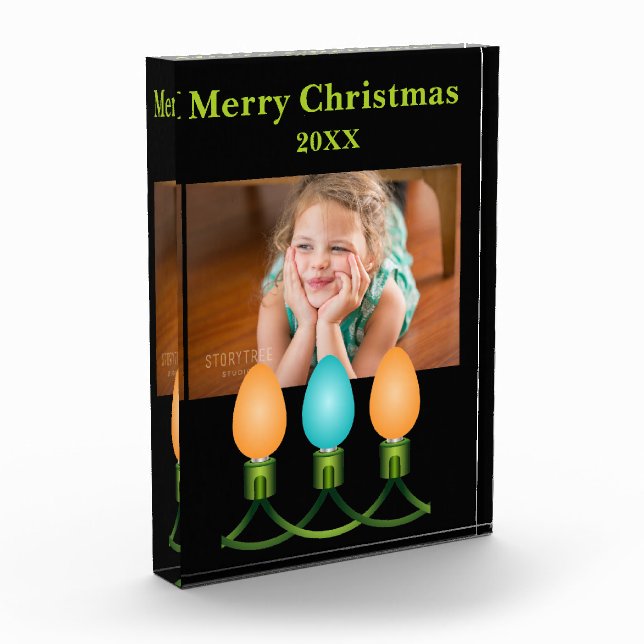 Christmas Lights Trio Orange and Blue Personalized Photo Block (Left)