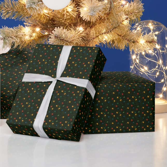Christmas lights wrapped in holly leaves patterned wrapping paper (Holidays)