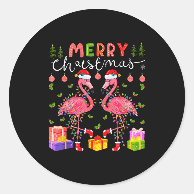 Christmas Lights Xmas Flamingo Lover Santa Hat Fla Classic Round Sticker (Front)