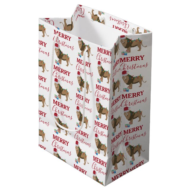Christmas Lion Funny Animal with Santa Hat  Medium Gift Bag (Front Angled)