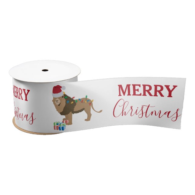 Christmas Lion Funny Animal with Santa Hat  Satin Ribbon (Spool)