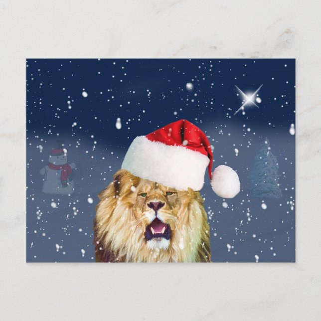 Christmas Lion in Santa Hat Postcard (Front)