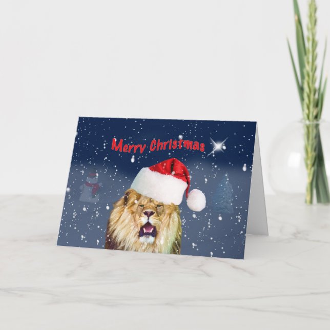 Christmas, Lion in Santa Hat, Star, Snow Holiday Card (Front)