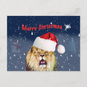 Christmas, Lion in Santa Hat, Star, Snow Postcard