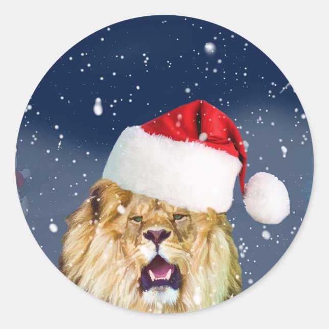 Christmas Lion in Santa Hat Sticker (Front)