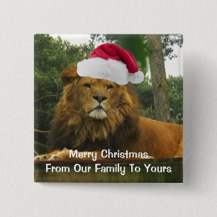 Christmas Lion Wearing Santa Hat 2 Inch Square Button