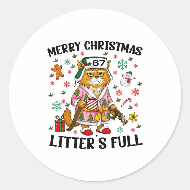 Christmas Litter’s Full 67 Xmas Funny Kitty Gift C Classic Round Sticker (Front)