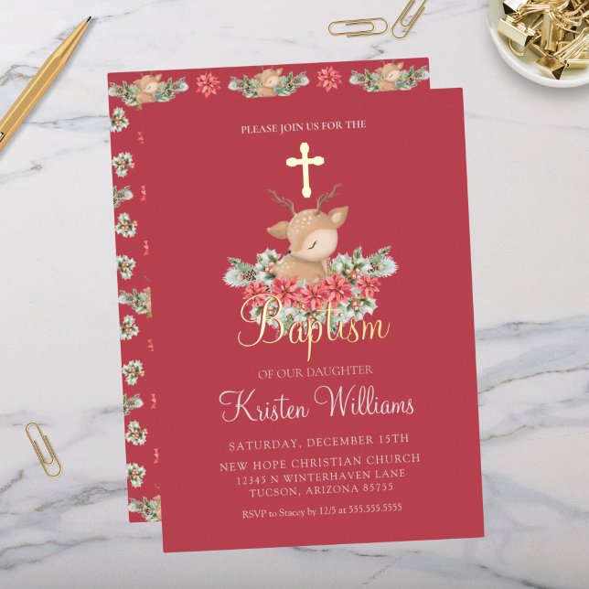 Christmas Little Deer Baptism Christening Cross (Elegant Gold Foil Christmas Baptism Christening Little Deer Poinsettia Gold Cross Winter Invitation)