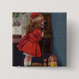 Christmas Little Girl Telephone Antique 2 Inch Square Button