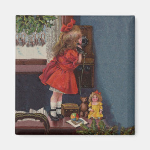 Christmas Little Girl Telephone Antique Magnet